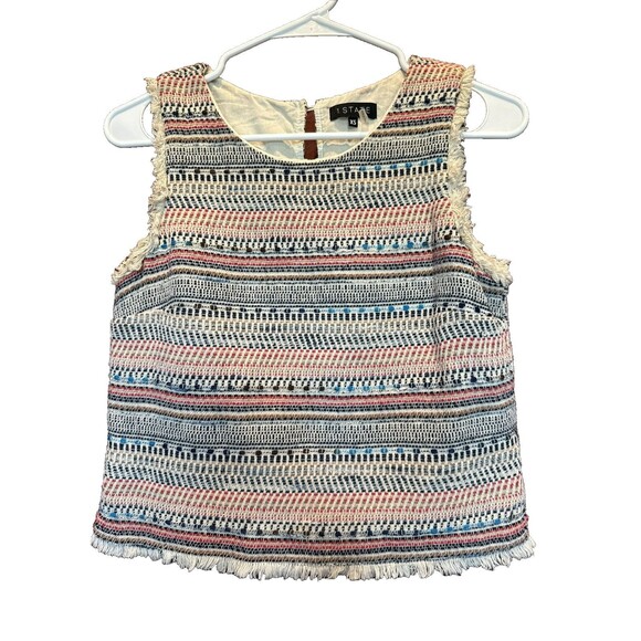 1. State Tweed Boxy Crop Sleeveless Top Fringe XS Antique White Multi Boho - Picture 2 of 8